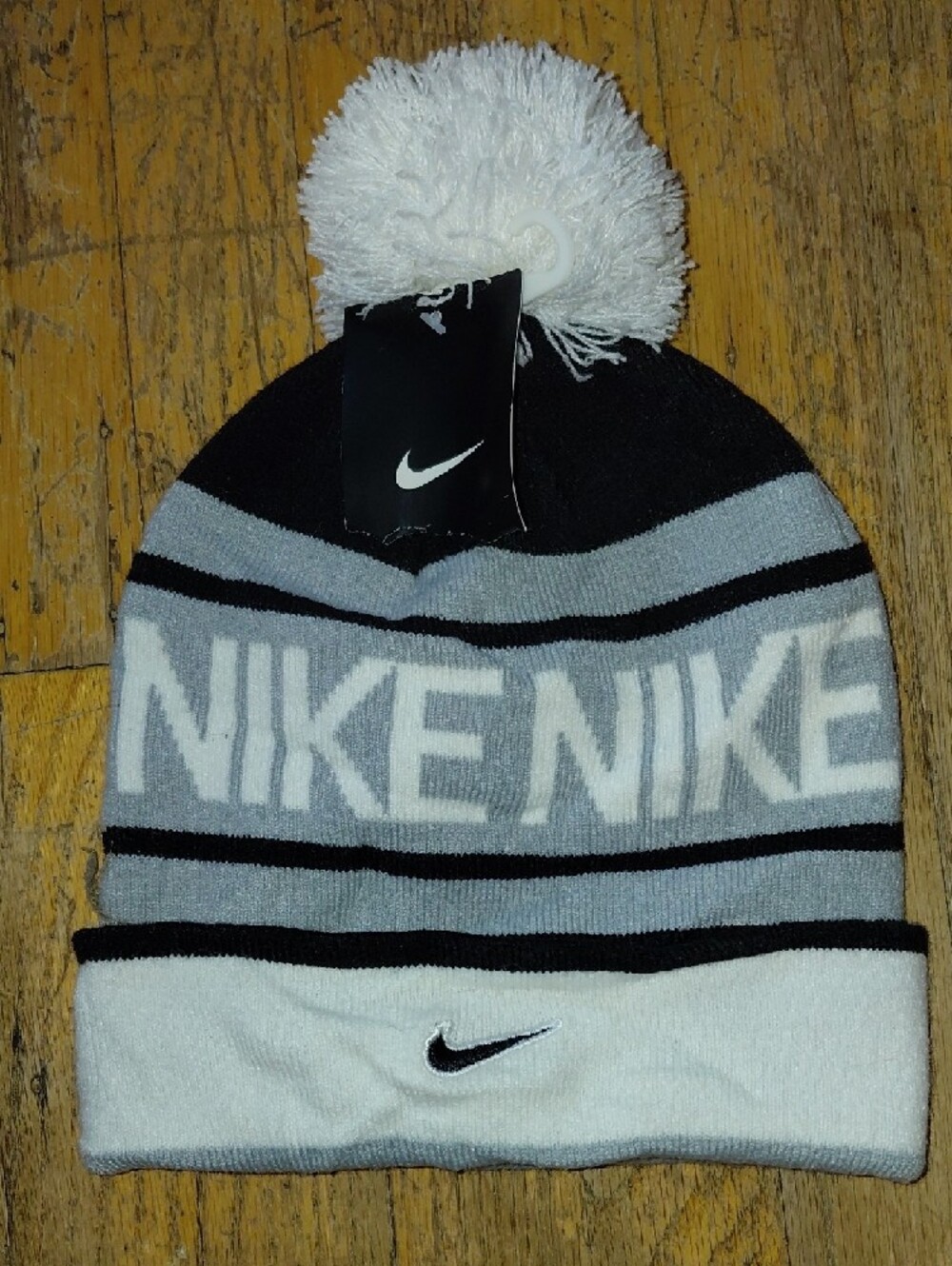 Nike Gray, Black and White Pom-Top Knit Beanie